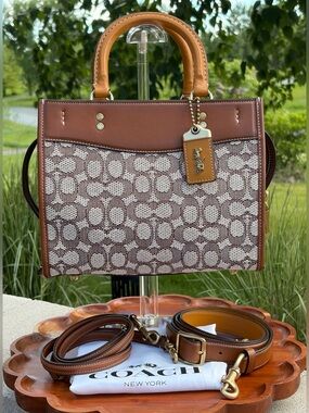 Coach Rogue 25 Signature Textile Jacquard Coco Amber Leather C6444 NWT